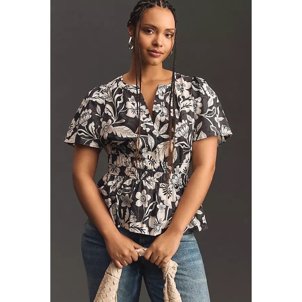 Anthropologie Somerset Black White Floral Smocked Peplum V-Neck Blouse Top 3X